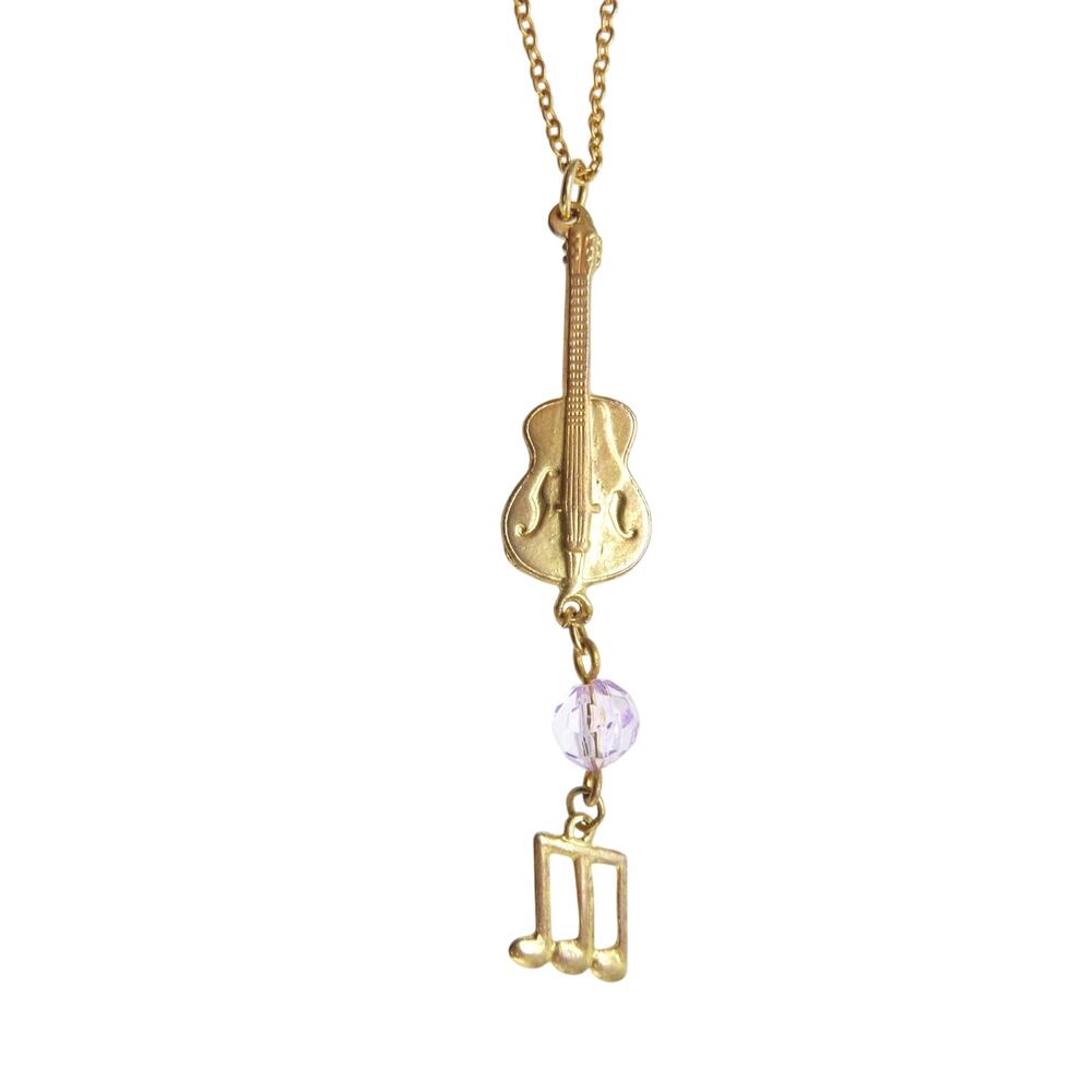 Vintage Guitar Music Notes Charm Choker Necklace Gold Tone Lavender Bead 15 In
